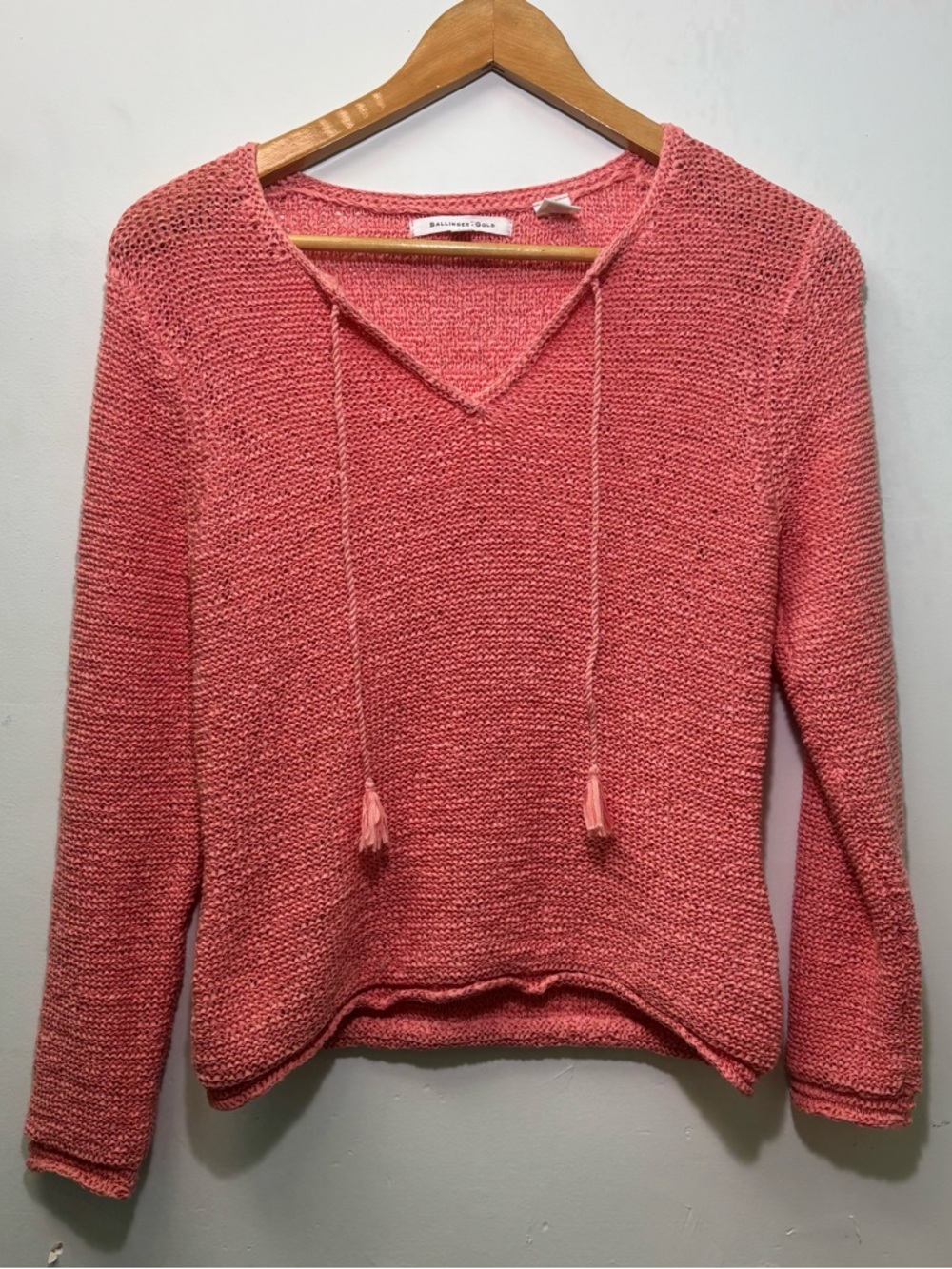 Striped Coral Knit V-Neck Pullover with Tassel Tie